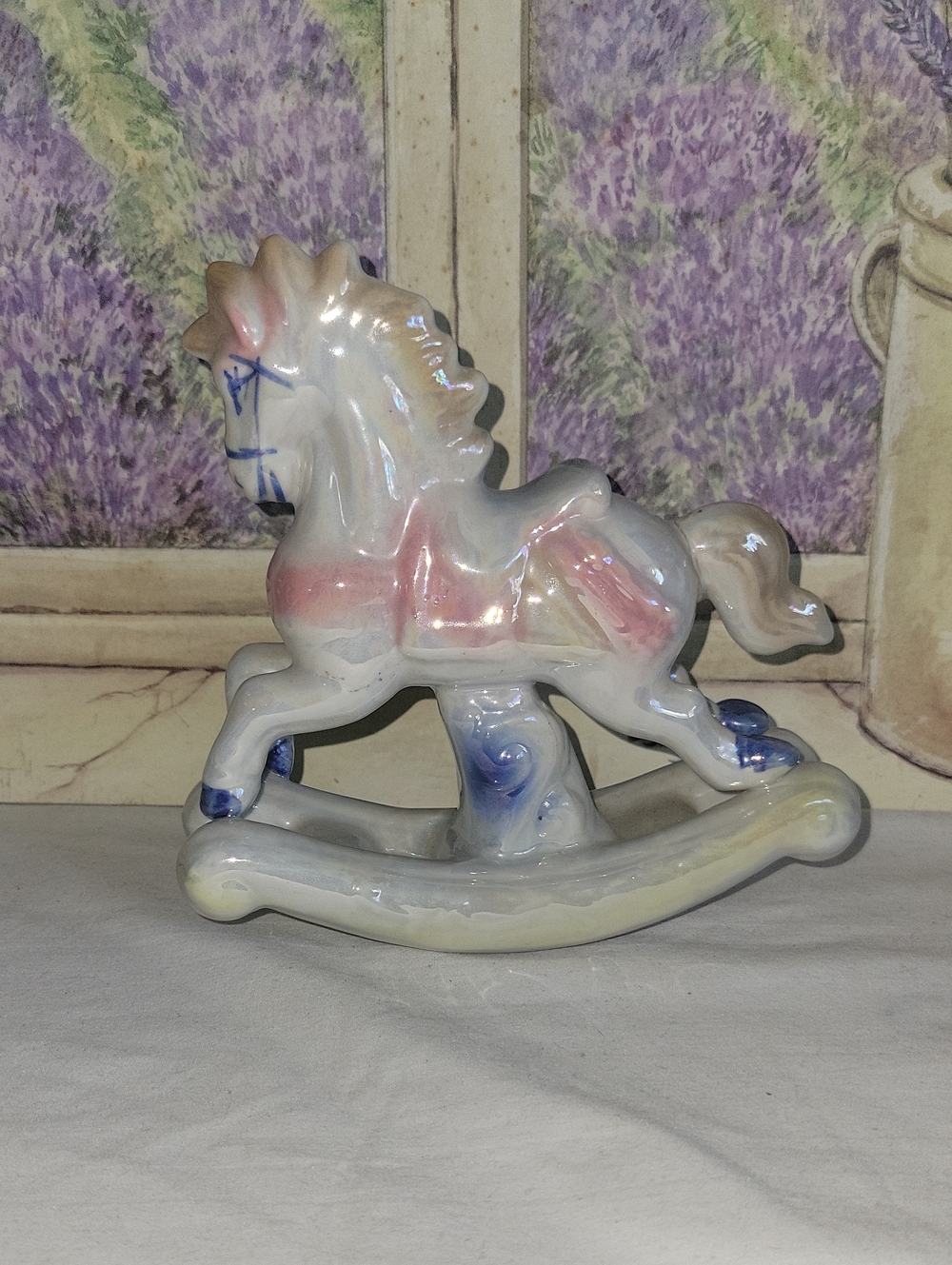Vintage Iridescent Ceramic Rocking Horse Figurine Pastel Pink Blue Kitsch